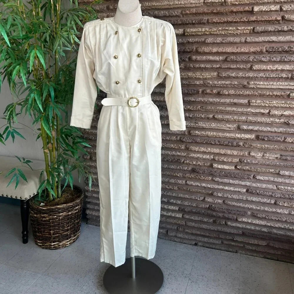 Fauroche by Lori Weidner Vintage 80s Cream Military Jumpsuit Gold Buttons Size 5 - Picture 11 of 12